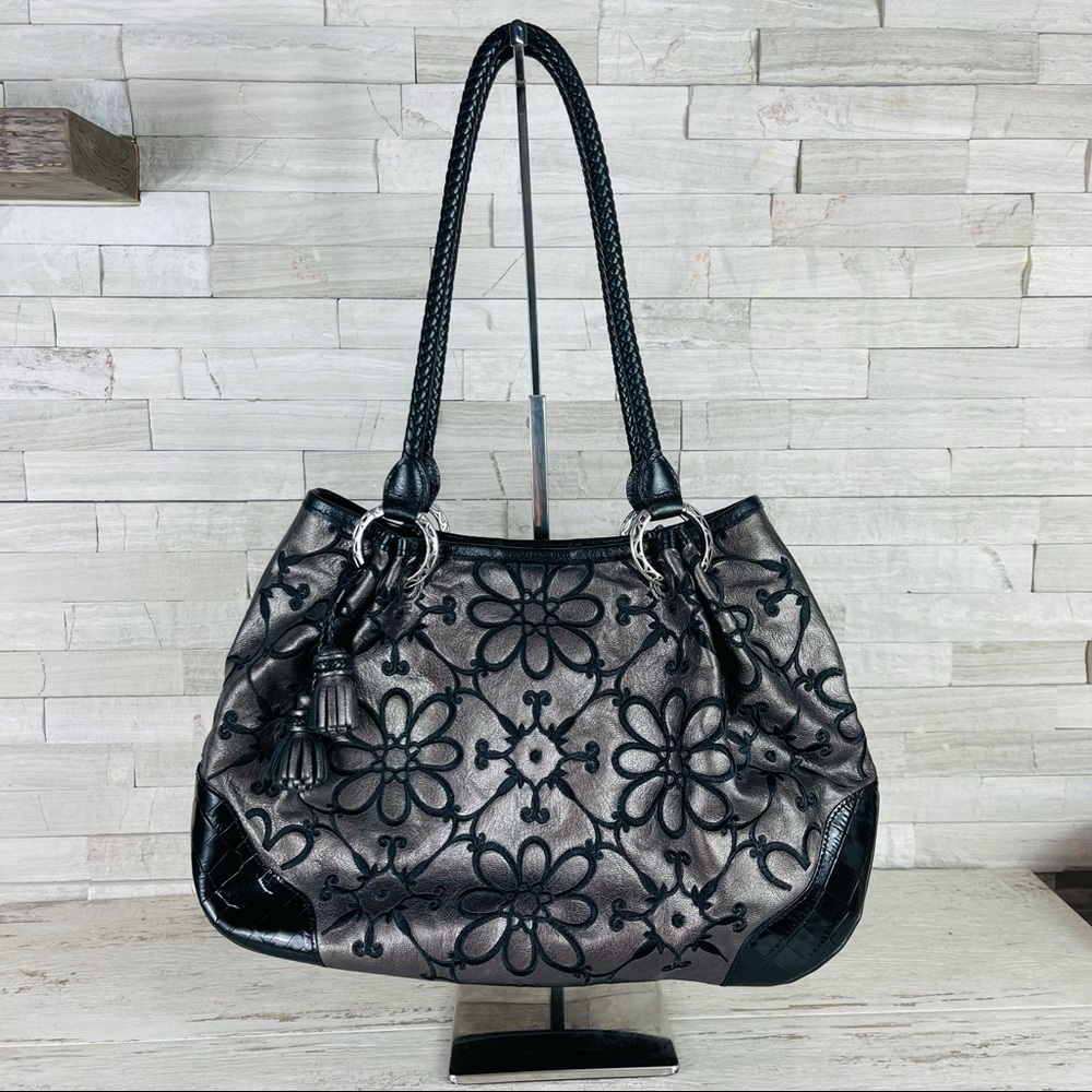 BRIGHTON VALENCIA METALLIC PEWTER FLORAL EMBROIDERED HANDBAG SHOLDER BAG PURSE